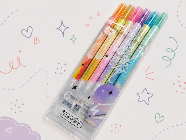 Set de destacadores con glitter borrables en colores pastel