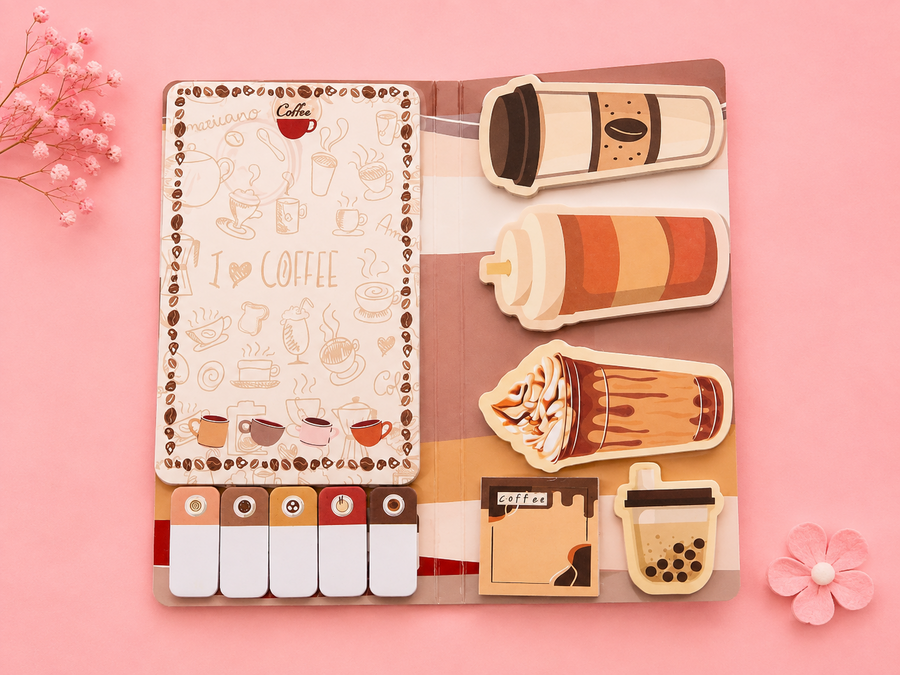 Libreta temática café con notas adhesivas y marcadores